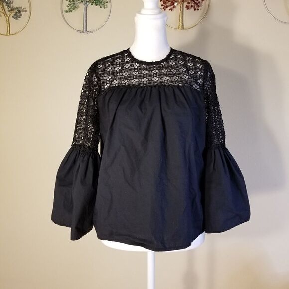 Who What Wear Crochet Lace Blouse with Bell Sleeves Black XS - Picture 1 of 8